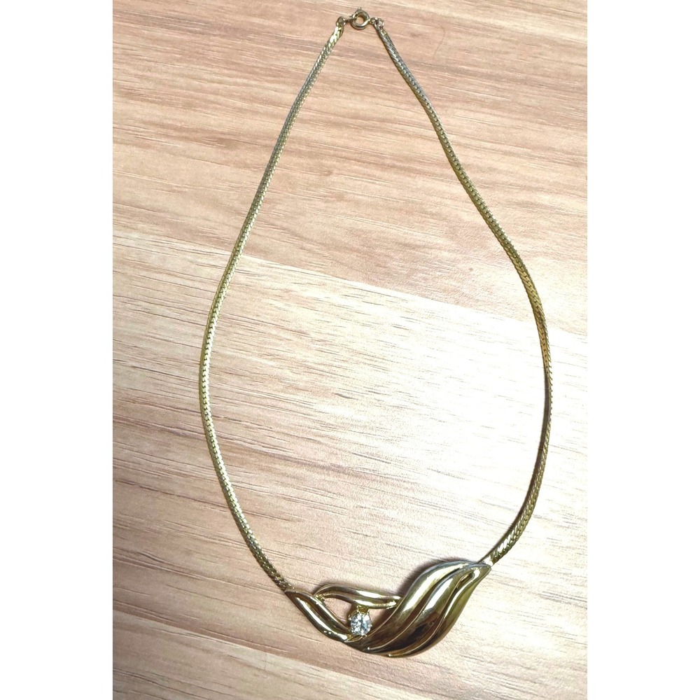 Gold Tone‎ Curved Wave Necklace Clear Rhinestone Vintage Inspired